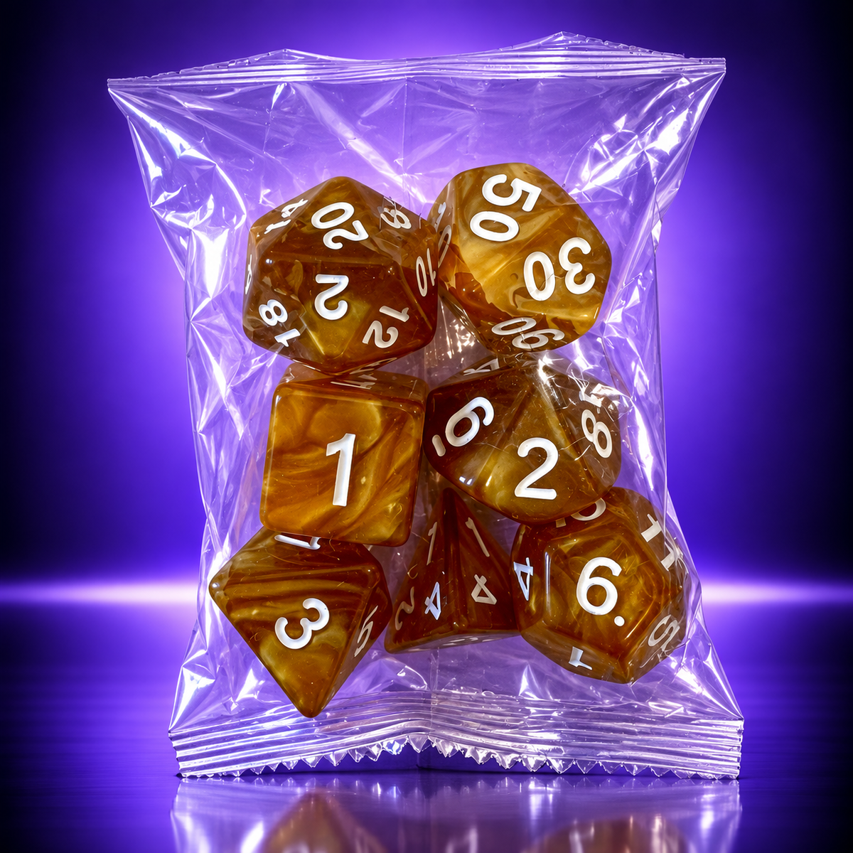 7-teiliges RPG-Würfelset – Bernstein / marmoriert
