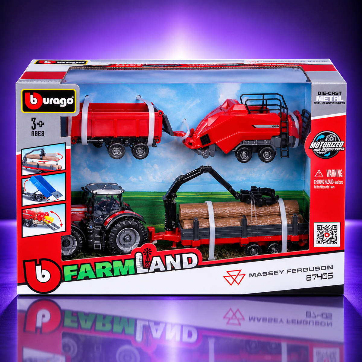 Bburago Farmland – Massey Ferguson 8740S traktor 3 pótkocsival