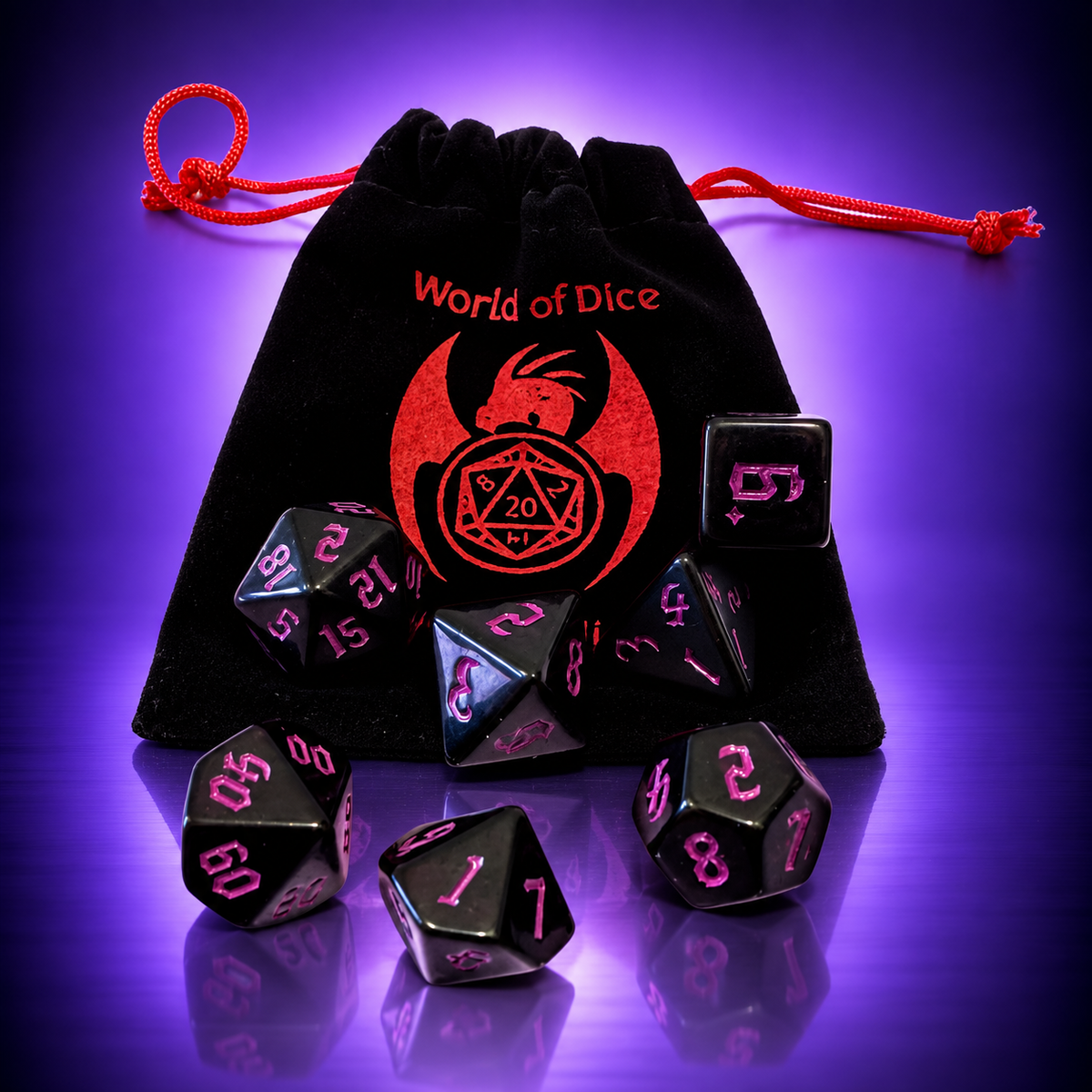 World of Dice – 7-Piece RPG Dice Set with Bag – Black/Purple